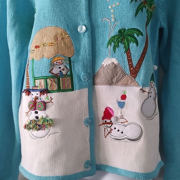 Crystal Kobe beach snowman holiday palm tree frosty cardigan  Sz S - Picture 2 of 7